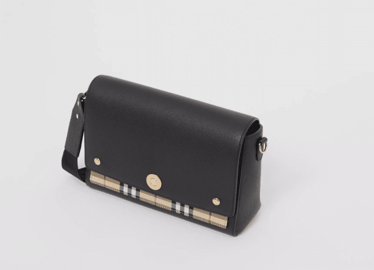 Burberry Leather and Vintage Check Note Crossbody Bag- Black